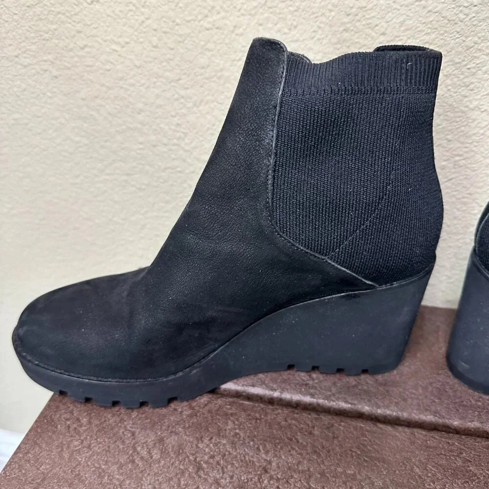 EILEEN FISHER Stretch Side Black Suede Wedge Booties - 8.5